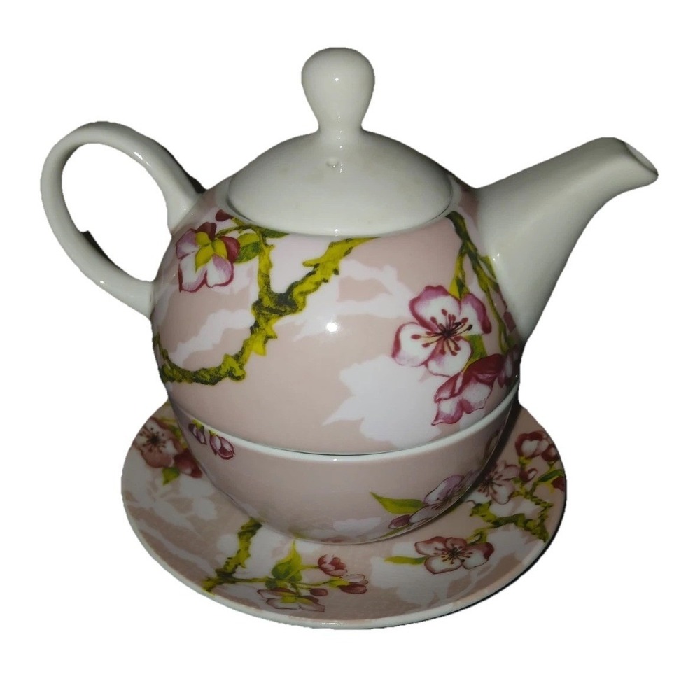 Pink Cherry Blossom Tea For One Set Stackable Ceramic Teapot Cup Saucer Floral